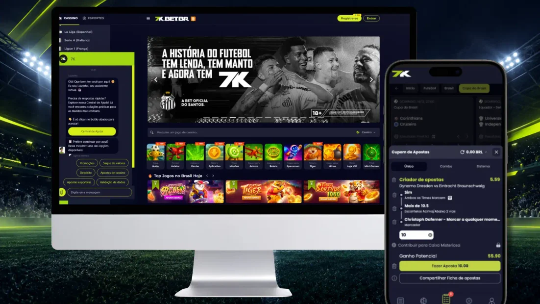 Material de campanha da 7kbet com o site no computador, banner do Santos e o cupom de apostas no celular (104)