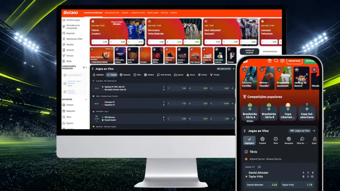 Montagem com a área de apostas esportivas e jogos ao vivo da Betano no computador e no celular.