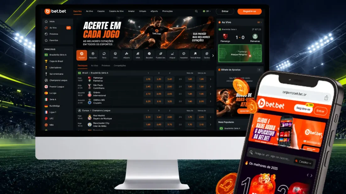Material de divulgação da bet.bet com apostas de futebol no computador e cassino no celular (91)