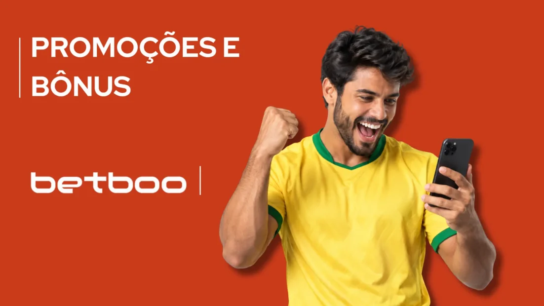 Banner vermelho da Betboo com o texto Promoções e Bônus e um torcedor de camisa amarela olhando o celular.