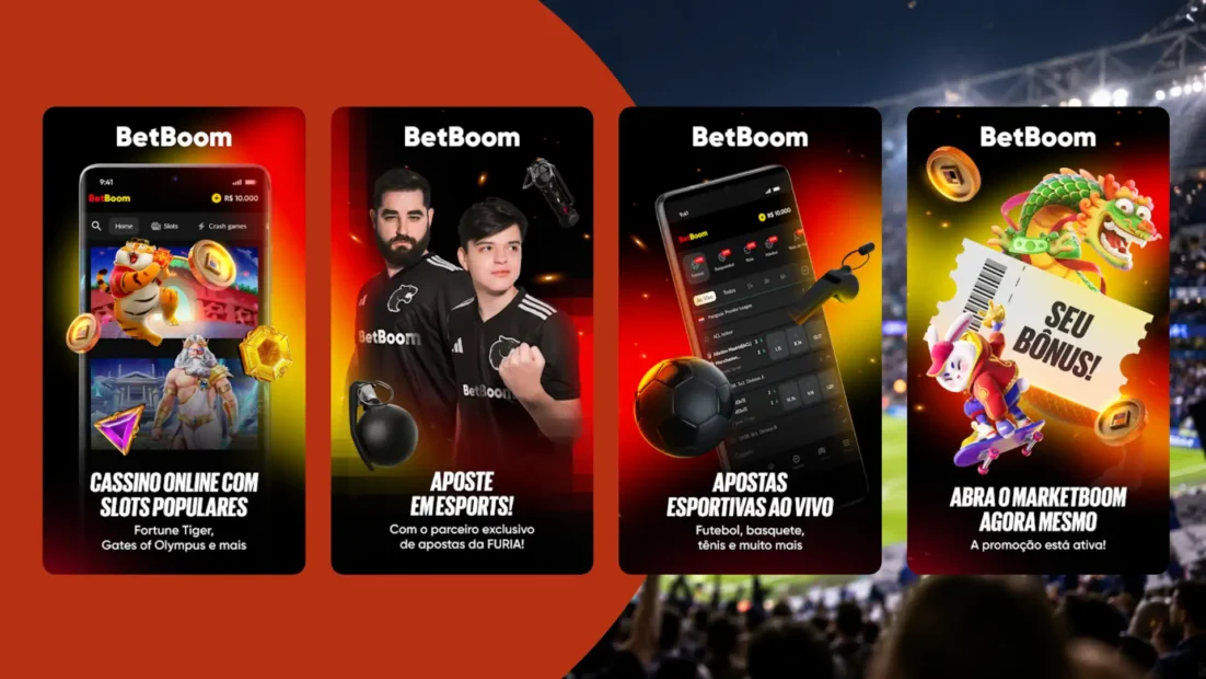 Telas de divulgação do app da BetBoom com cassino, esports, apostas ao vivo e promoções.