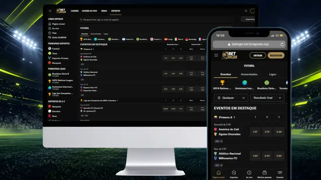 Montagem com a lista de jogos de futebol da BetMGM no computador e no celular.