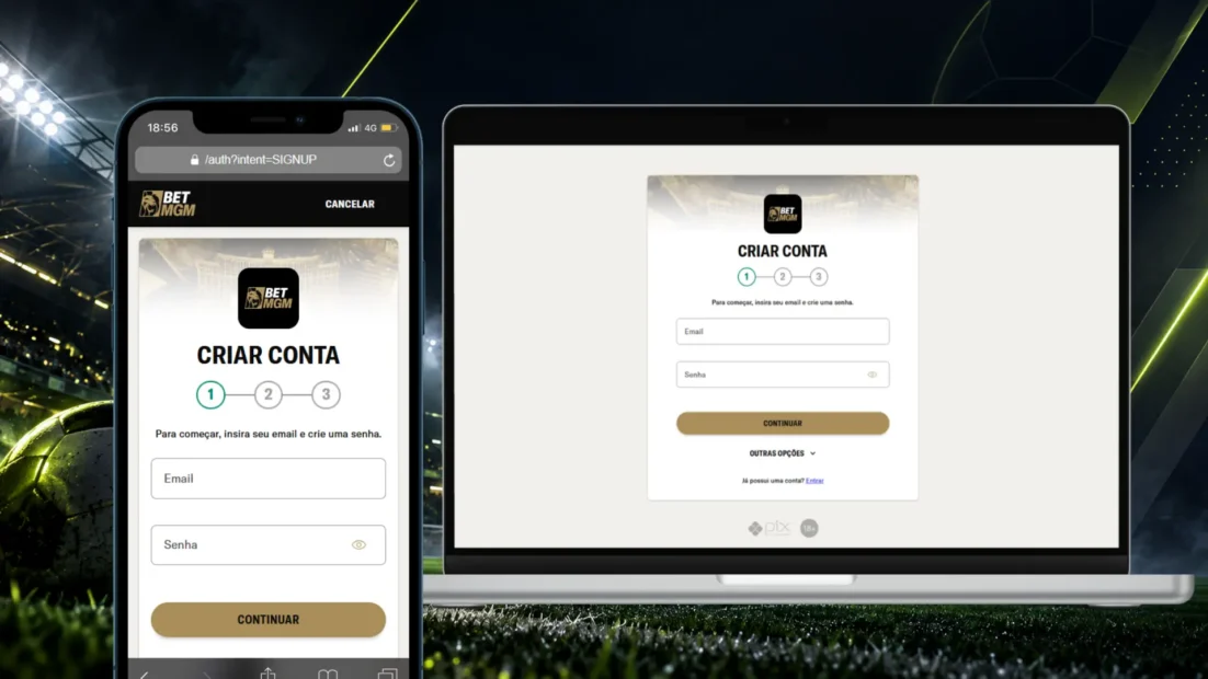 Primeiro passo do cadastro na BetMGM, com campos de email e senha no celular e no computador.