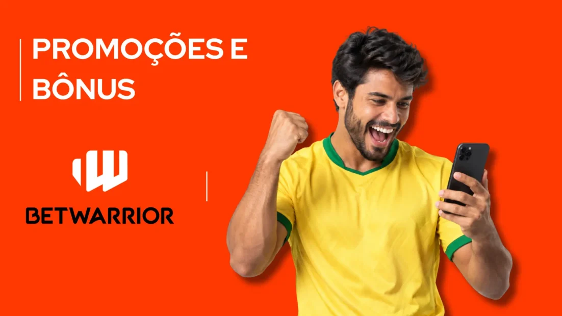 Banner vermelho-alaranjado da BetWarrior com o texto Promoções e Bônus e um torcedor de camisa amarela olhando o celular.