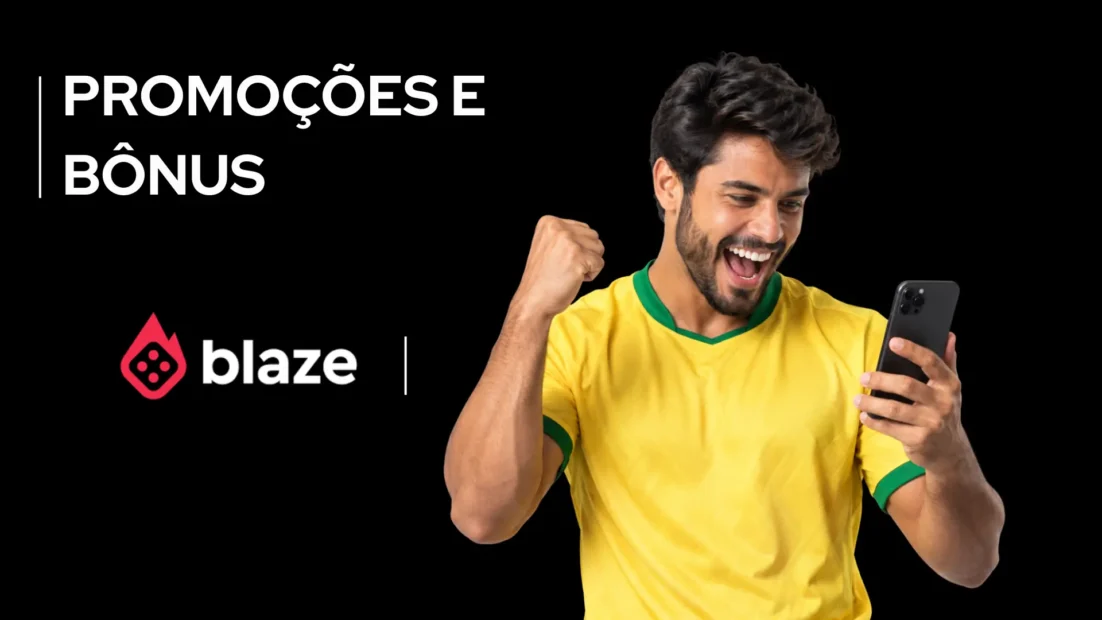 Banner preto da Blaze com o texto Promoções e Bônus e um torcedor de camisa amarela olhando o celular.