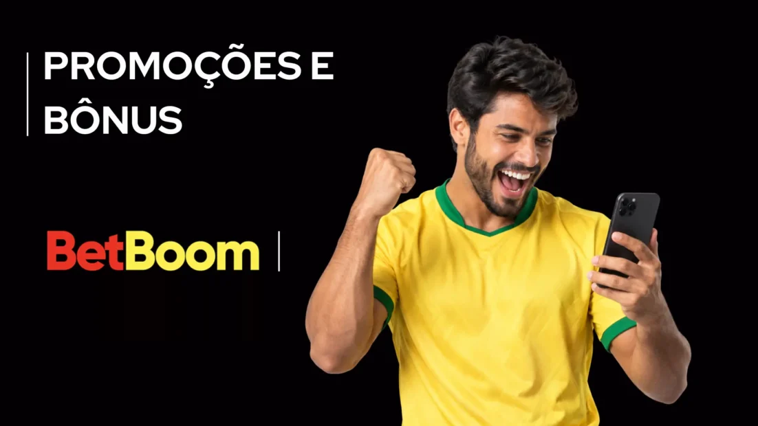 Torcedor de camisa amarela comemora olhando o celular ao lado do logo da BetBoom.