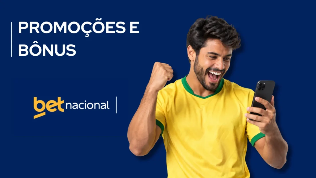 Torcedor de camisa amarela comemora olhando o celular ao lado do logo da Betnacional.