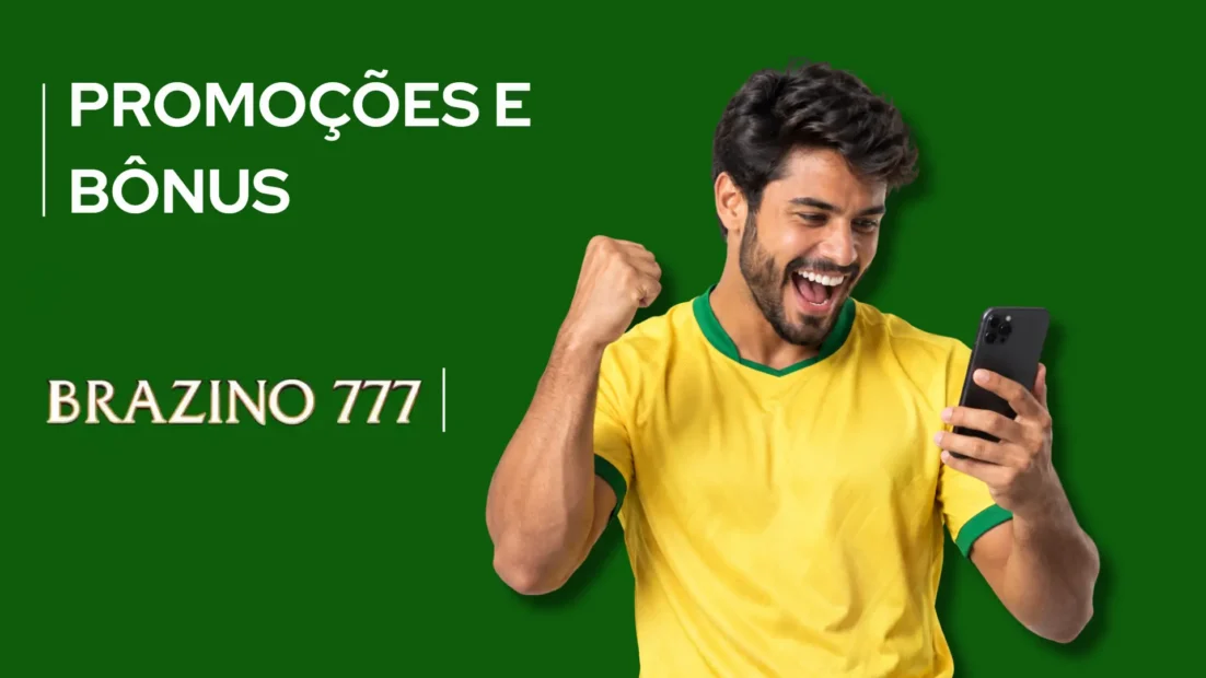 Torcedor de camisa amarela comemora olhando o celular ao lado do logo da Brazino77.