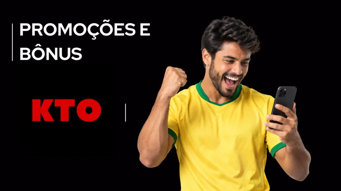 Torcedor de camisa amarela comemora olhando o celular ao lado do logo da KTO.