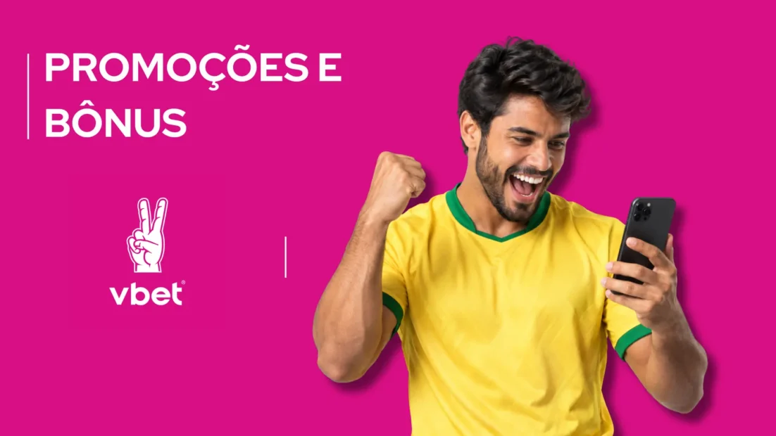 Torcedor de camisa amarela comemora olhando o celular ao lado do logo da Vbet.