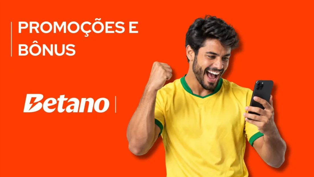 Torcedor de camisa amarela comemora olhando o celular ao lado do logo da Betano.