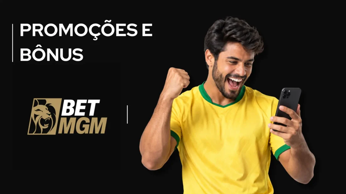 Torcedor de camisa amarela comemora olhando o celular ao lado do logo da BetMGM.