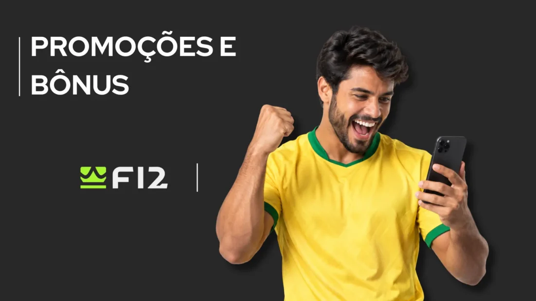Banner cinza-escuro da F12.bet com o texto Promoções e Bônus e um torcedor de camisa amarela olhando o celular.