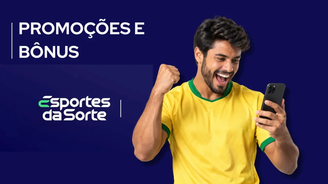 Banner azul-escuro da Esportes da Sorte com o texto Promoções e Bônus e um torcedor de camisa amarela olhando o celular.