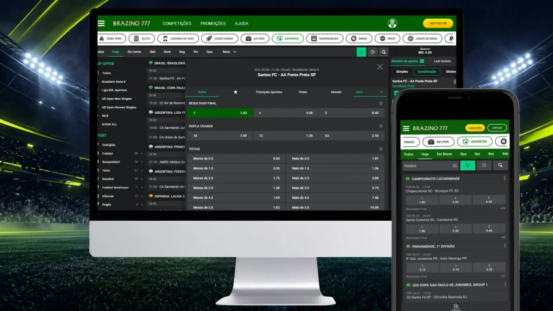 Montagem com apostas de futebol da Brazino777 no computador e no celular.