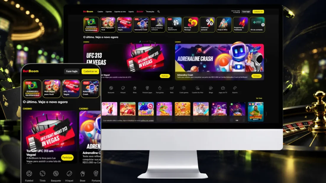 Site da BetBoom no computador e no celular, com a área de cassino e os jogos em destaque.
