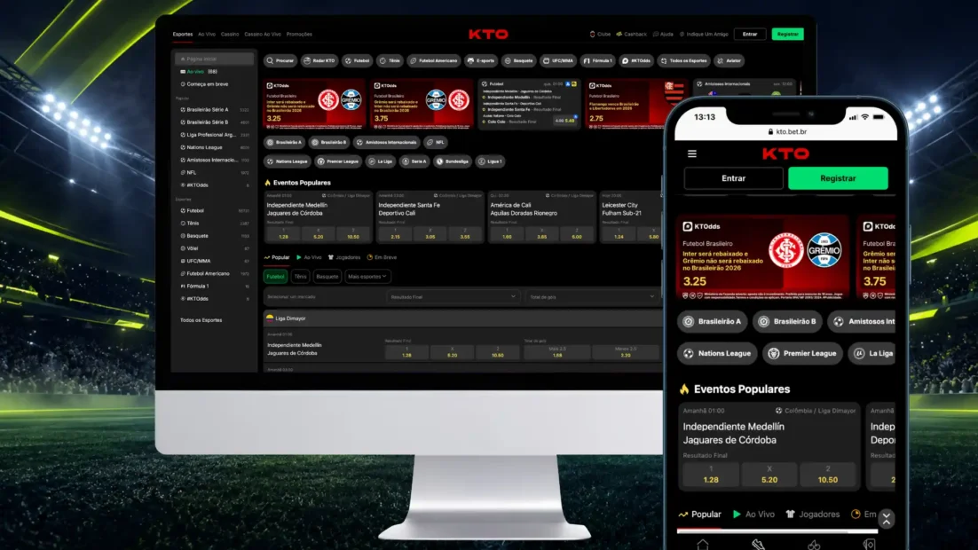 Montagem com o site da KTO no computador e no celular, com cotações KTOdds em destaque.