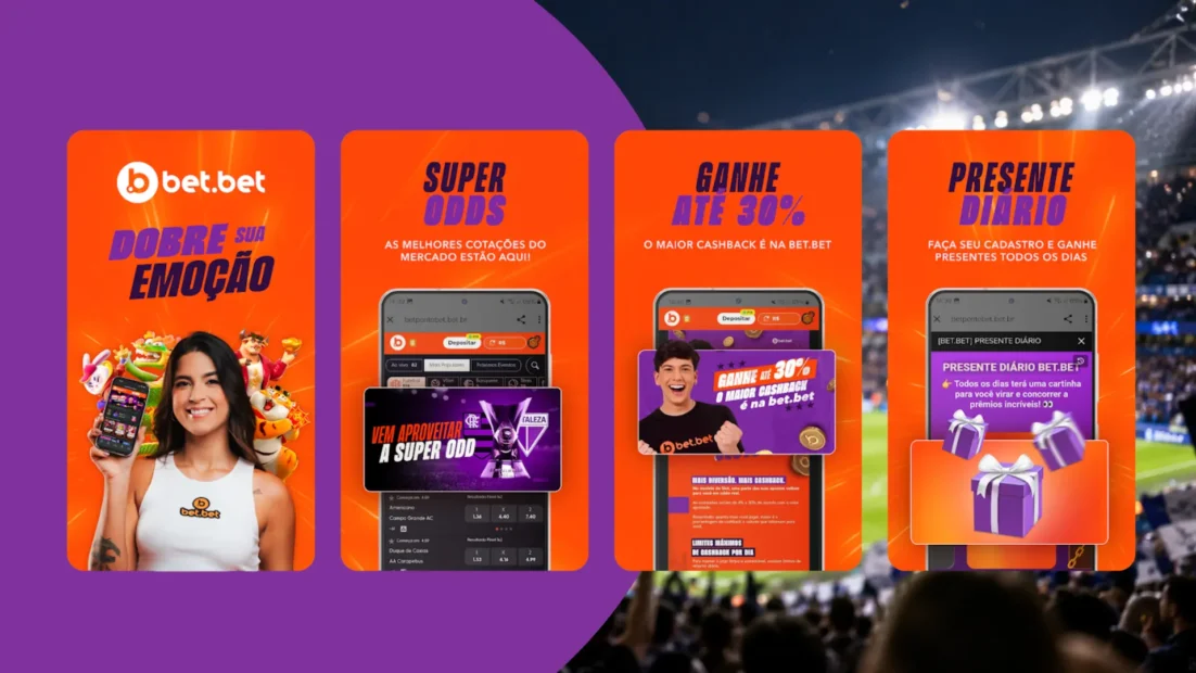 Telas do app bet.bet na App Store com Super Odds, cashback de até 30% e presente diário para usuários cadastrados.