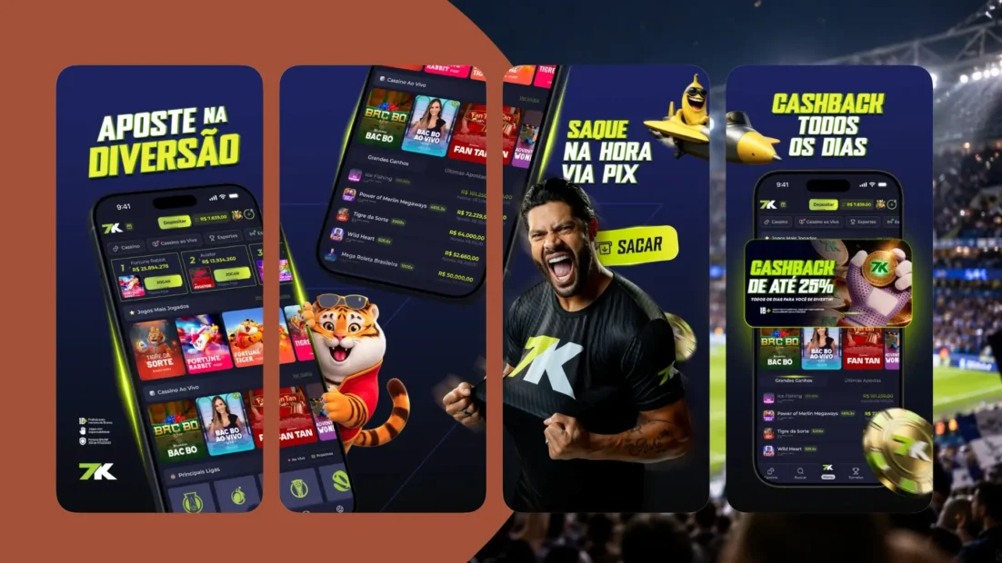 Telas do app 7K na App Store com cassino ao vivo, saque na hora via Pix e cashback de até 25% todos os dias.
