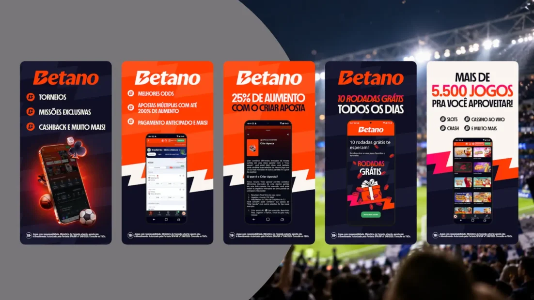 Telas de divulgação do app da Betano com torneios, criar aposta, rodadas grátis e jogos de cassino.