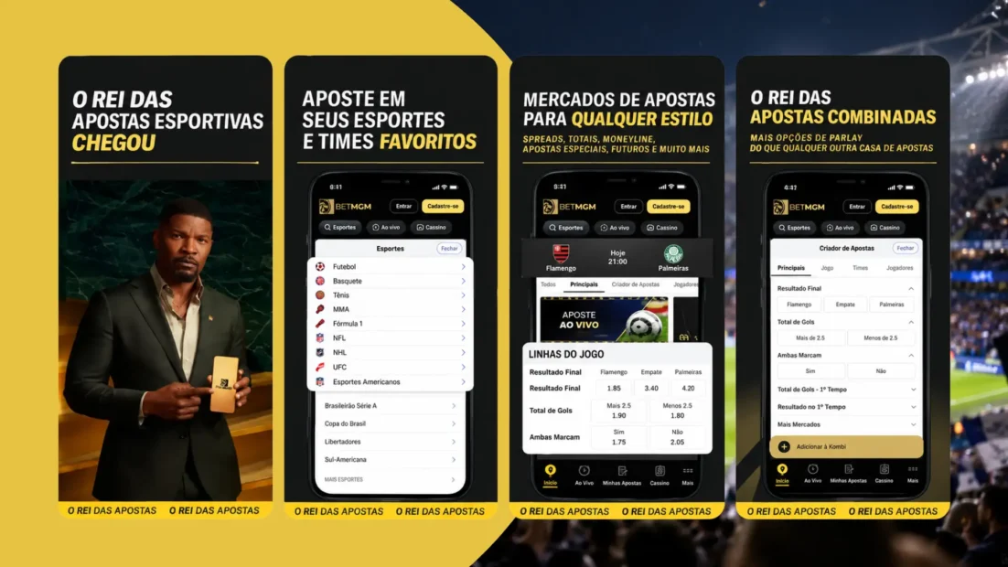 Telas de divulgação do app da BetMGM com lista de esportes, mercados de um jogo e criador de apostas.