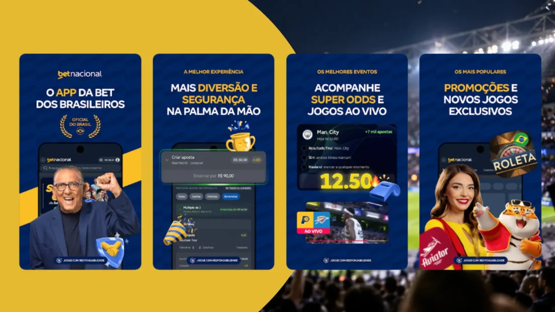 Telas de divulgação do app da Betnacional com Criar aposta, super odds, jogos ao vivo e cassino.