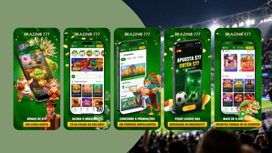 Telas de divulgação do app da Brazino777 com jogos de cassino, torneios e apostas esportivas.