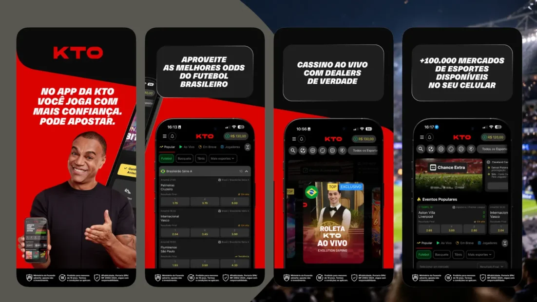 Telas de divulgação do app da KTO com futebol brasileiro, cassino ao vivo e mercados esportivos.