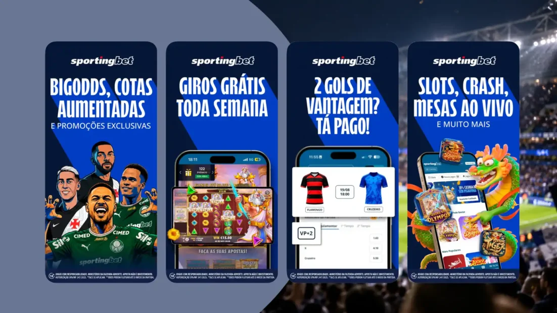 Telas do app Sportingbet na App Store com BigOdds, giros grátis toda semana, pagamento antecipado com 2 gols de vantagem e cassino.