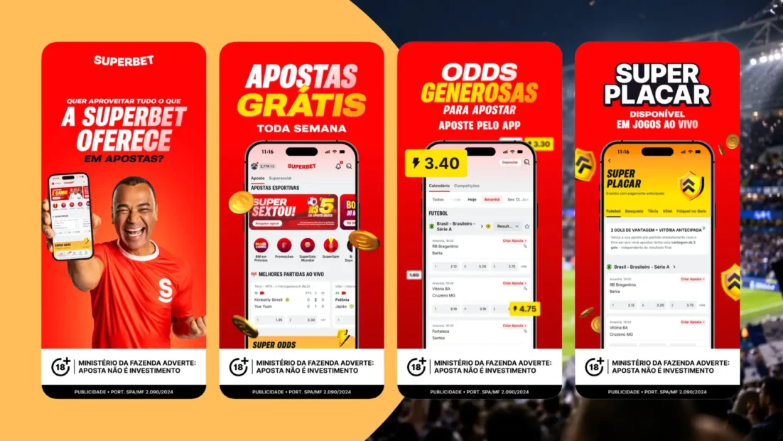 Telas do app Superbet na App Store com apostas grátis toda semana, odds turbinadas e o recurso Super Placar em jogos ao vivo.