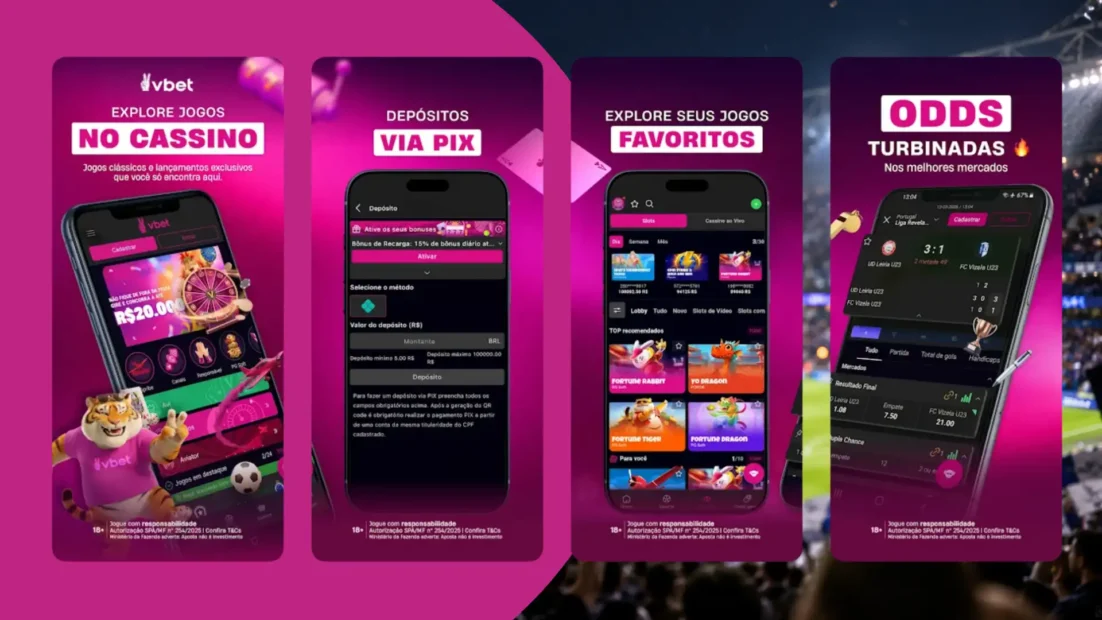 Telas de divulgação do app da Vbet com cassino, depósito via Pix, jogos favoritos e odds turbinadas.