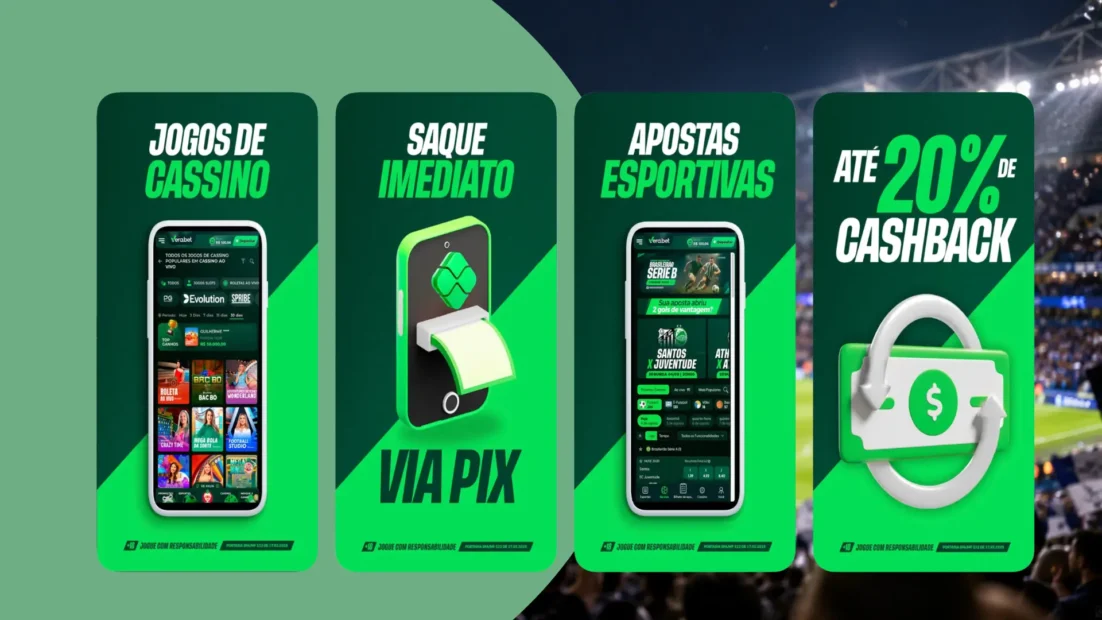 Telas do app Vera.bet na App Store com jogos de cassino, apostas esportivas, saque imediato via Pix e até 20% de cashback.