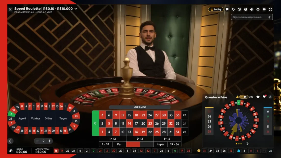 Mesa de Speed Roulette ao vivo da Pragmatic Play com crupiê e painel de apostas.