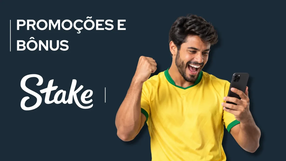 Banner azul-petróleo da Stake com o texto Promoções e Bônus e um torcedor de camisa amarela olhando o celular.