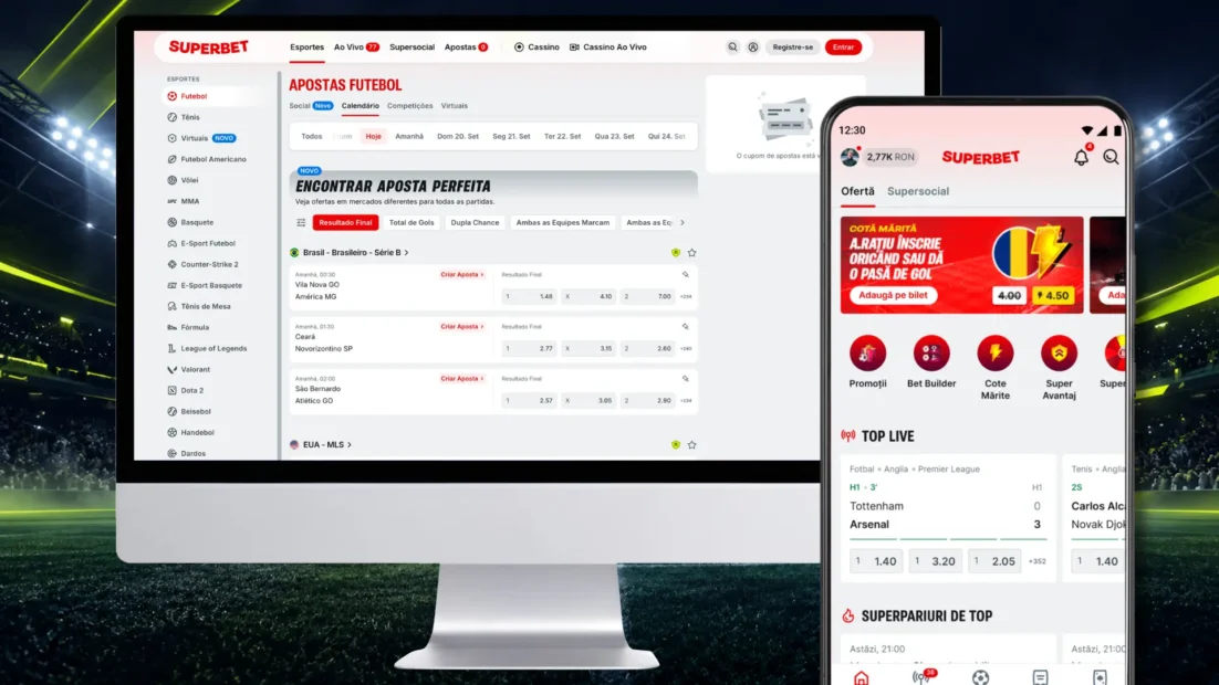 Mockup da Superbet com a página de apostas de futebol no computador e a versão romena do app no celular (103)