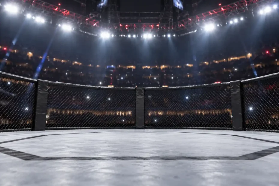 Octógono de MMA iluminado em arena esportiva, em referência à revanche pelo cinturão dos moscas do UFC entre Joshua Van e Alexandre Pantoja.
