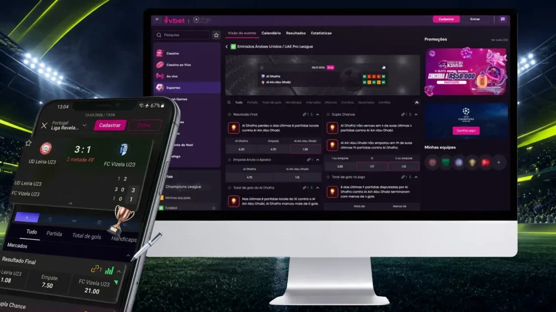 Montagem com apostas de futebol da Vbet no computador e no celular.