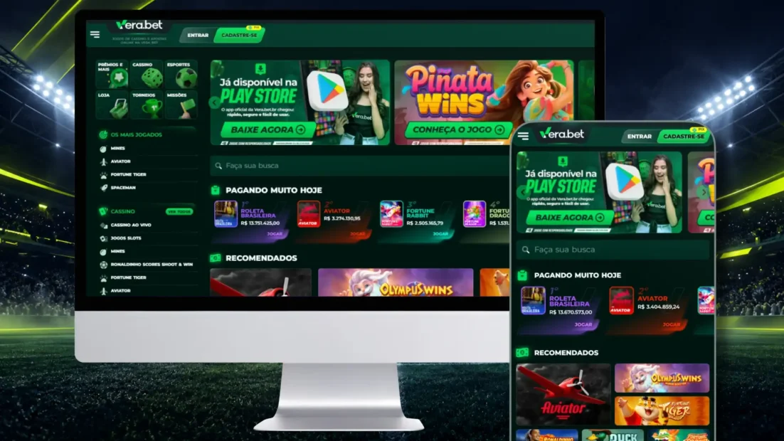Material de divulgação da Vera Bet com o site e o app, banner da Play Store e jogos de cassino (94)