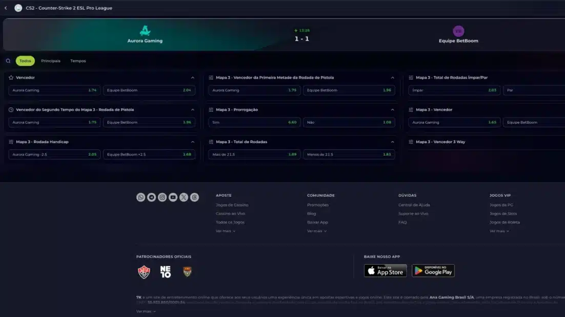 Tela de apostas ao vivo da 7kbet com os mercados do jogo de CS2 entre Aurora Gaming e Equipe BetBoom