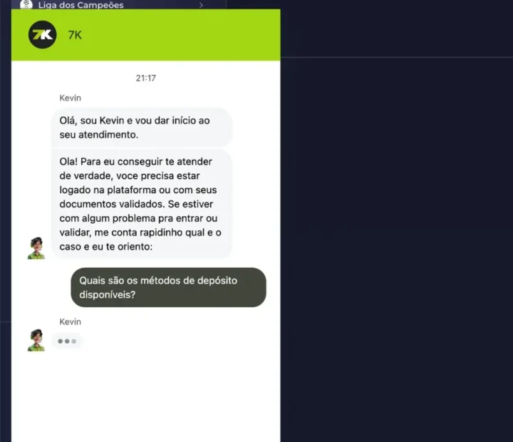 Chat de suporte da 7kbet com o atendente Kevin respondendo sobre métodos de depósito