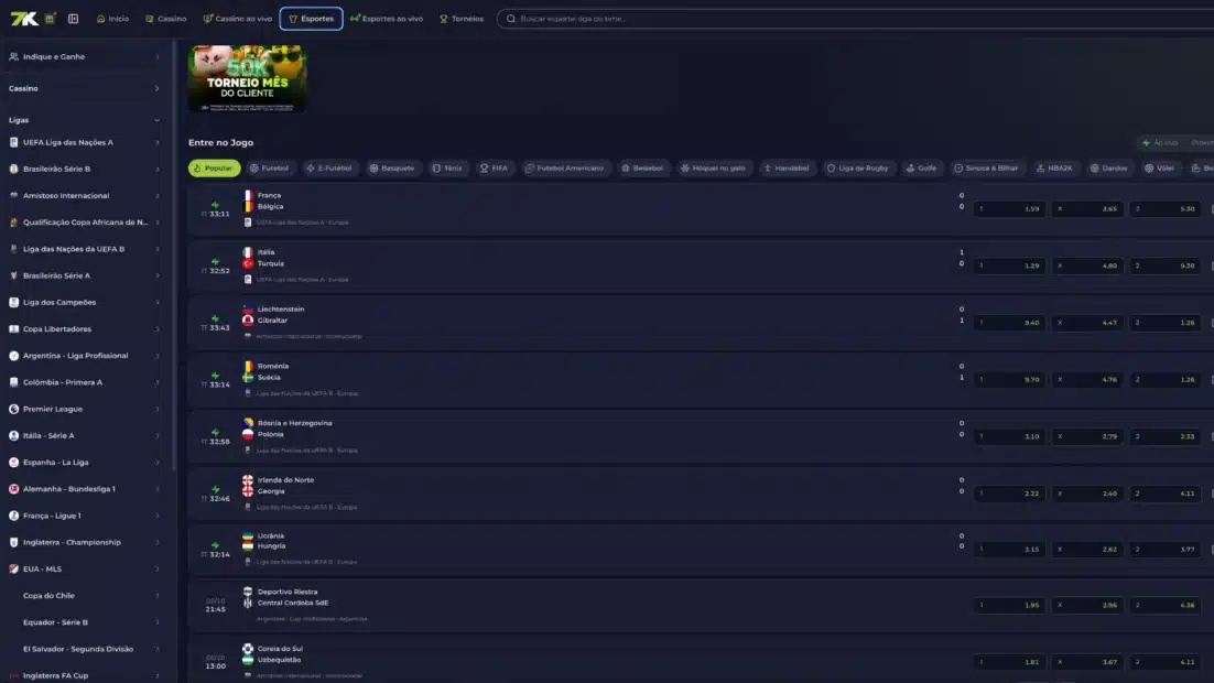 Página de esportes da 7kbet com a lista de ligas à esquerda e os jogos do dia com odds 1X2