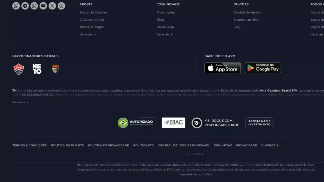 Rodapé da 7kbet com o selo Autorizado pelo Ministério da Fazenda, o CNPJ da Ana Gaming Brasil e os avisos de jogo responsável