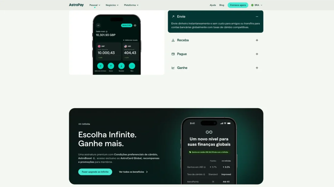Site da AstroPay com o aplicativo em um celular, as funções Envie, Receba, Pague e Ganhe e, abaixo, a assinatura Infinite com o título Escolha Infinite. Ganhe mais.
