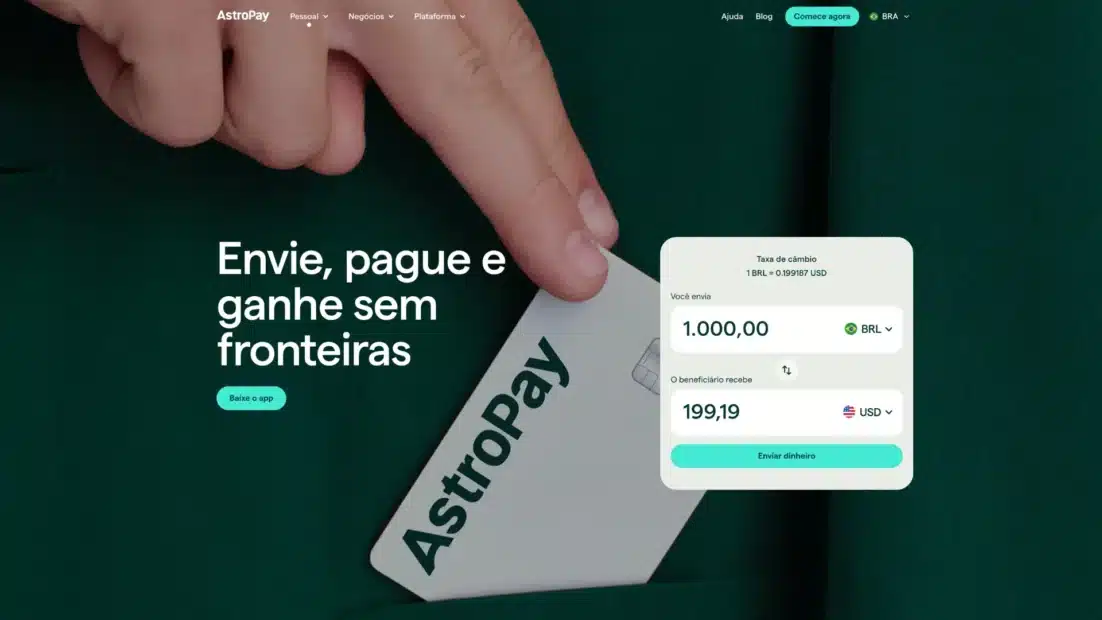 Página inicial da AstroPay para o Brasil com o título Envie, pague e ganhe sem fronteiras, um cartão AstroPay e um conversor de câmbio de reais para dólares