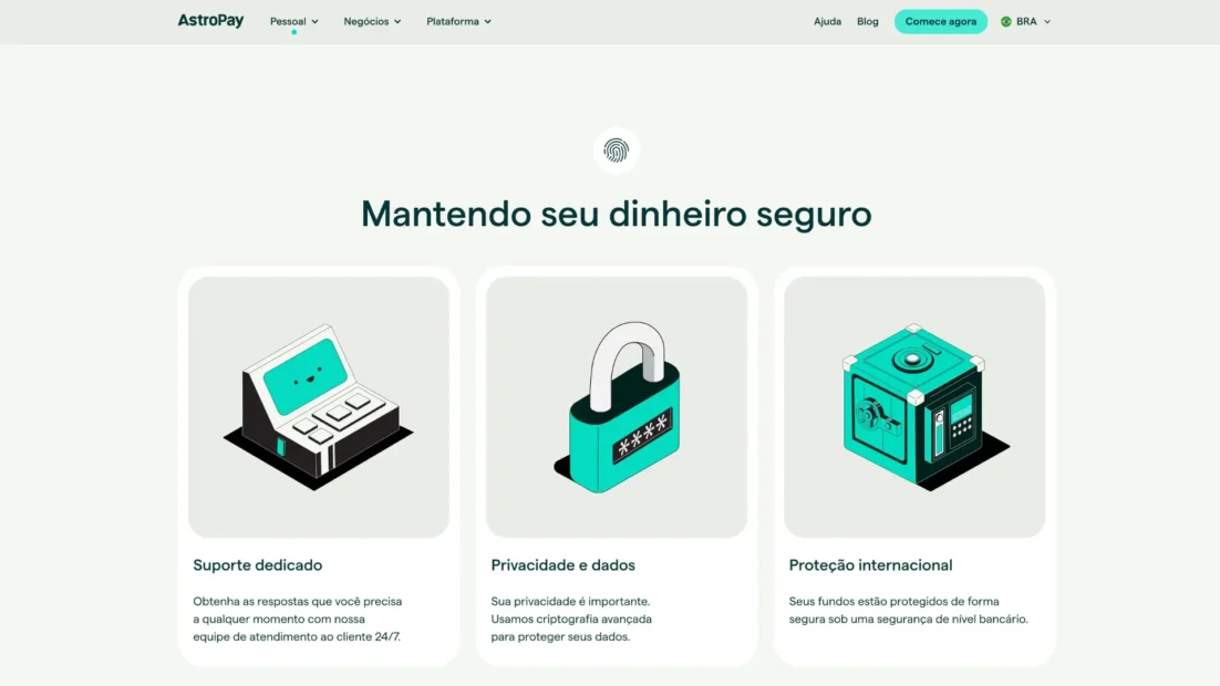 Seção Mantendo seu dinheiro seguro do site da AstroPay com três blocos: Suporte dedicado, Privacidade e dados e Proteção internacional
