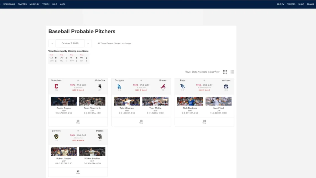 Página Probable Pitchers da MLB com os arremessadores titulares dos jogos de playoffs de 7 de outubro de 2026