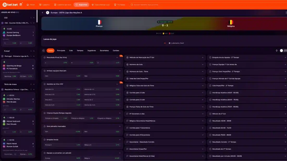 Jogo ao vivo na Bet.Bet entre França e Bélgica no intervalo, com dezenas de mercados abertos incluindo escanteios e cartões