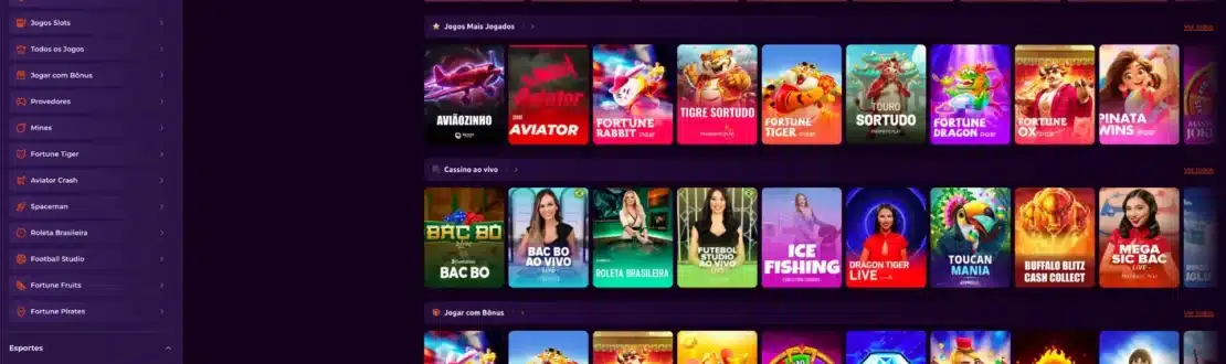Lobby de cassino da Bet.Bet com o menu lateral e as fileiras de jogos mais jogados, cassino ao vivo e jogar com bônus