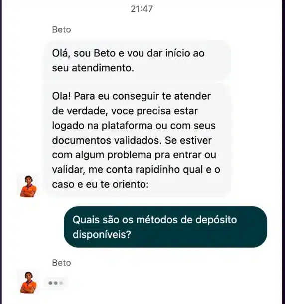 Chat de suporte da Bet.Bet com o atendente Beto recebendo a pergunta sobre métodos de depósito