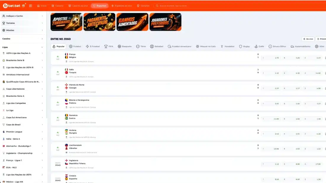 Seção de esportes da Bet.Bet com a lista de ligas à esquerda, a barra de modalidades e os jogos do dia com odds 1X2